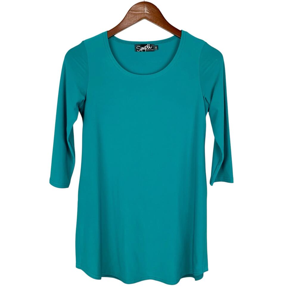 Sympli Tunic Blouse Top Teal Stretchy Knit 3/4 Sleeves Women's 4
